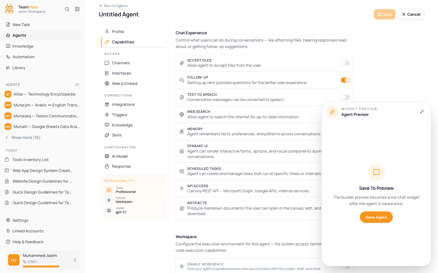 The Capabilities tab inside the agent builder showing toggles for web search, code execution, files, and more