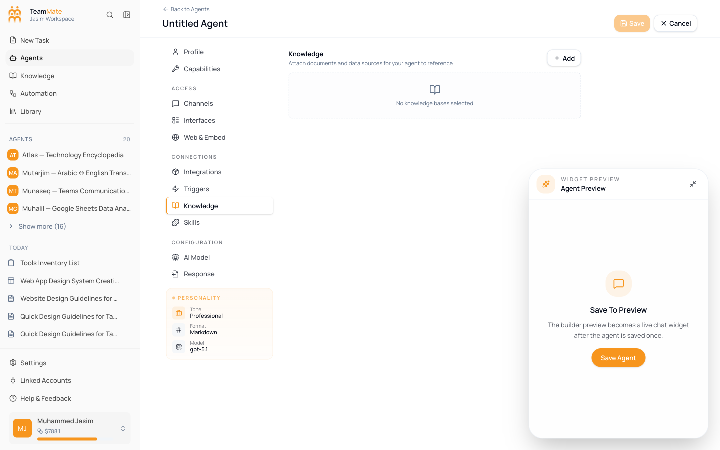 The Knowledge tab inside the agent builder with controls to attach an existing knowledge base or create a new one