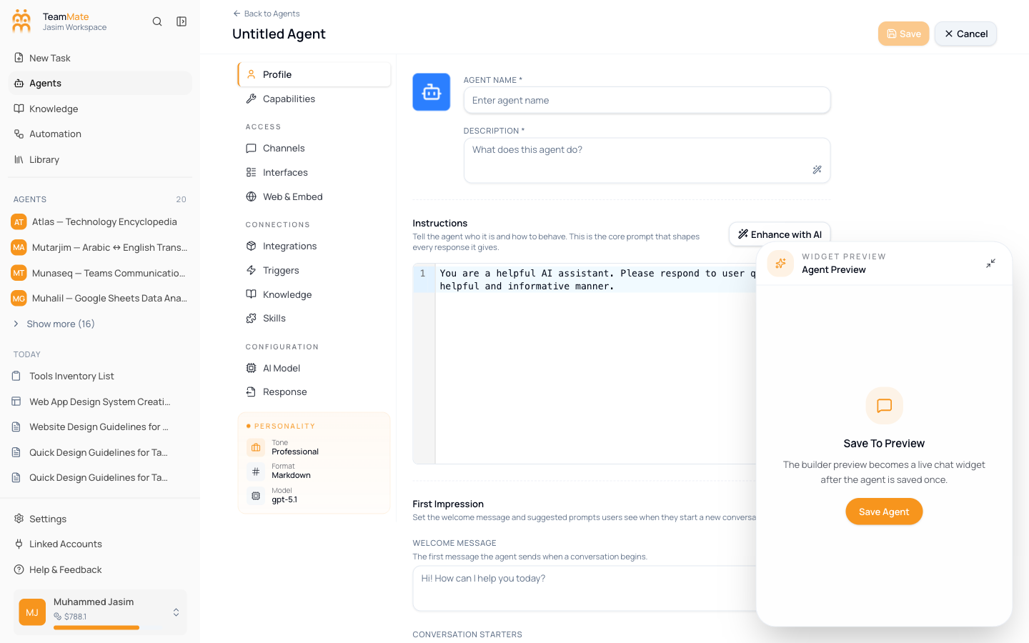 The agent builder open on the Profile tab with name, description, and instructions fields