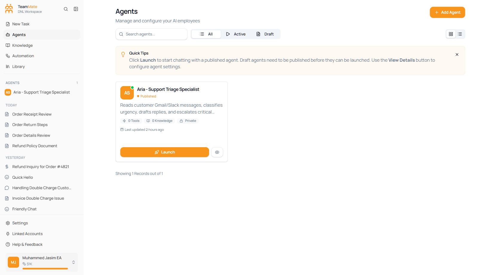 The Agents list in TeamMate