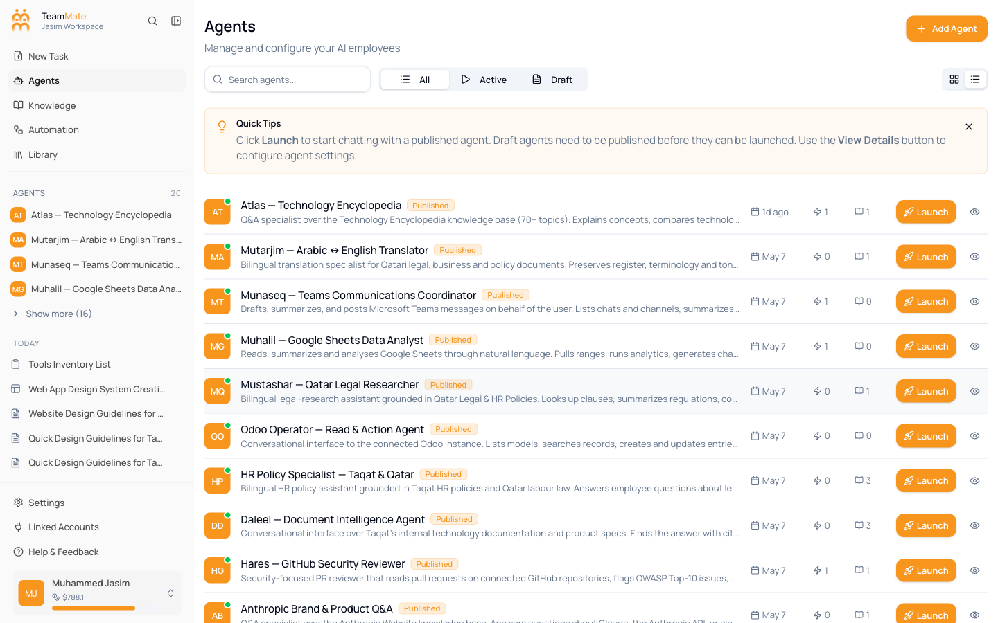 The Agents page with a list of existing agents and an Add Agent button at the top-right