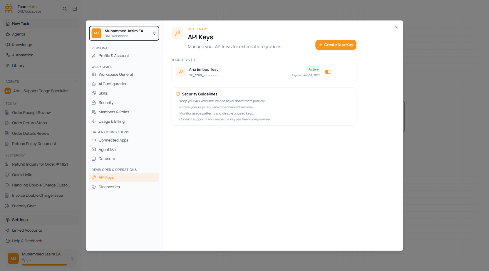 Settings → API Keys, with the Create API key dialog open
