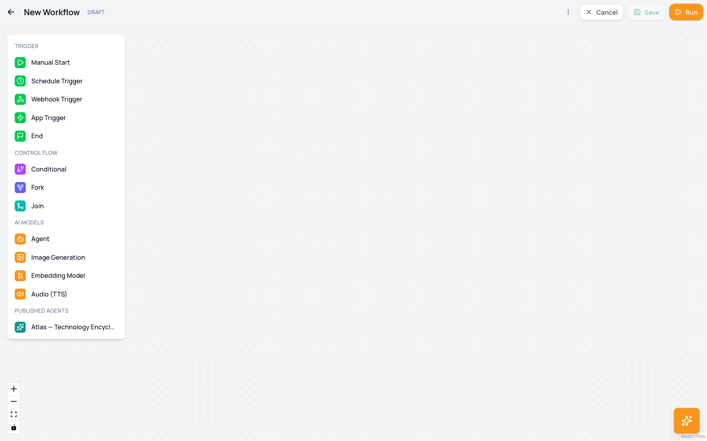 A fresh Automation flow canvas, ready for nodes