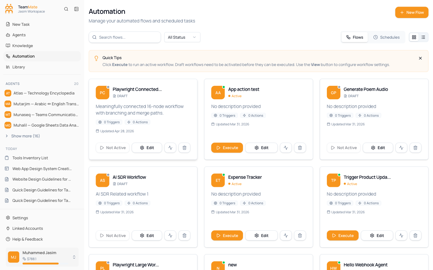 The Automation page on the Flows tab, showing a grid of existing flows