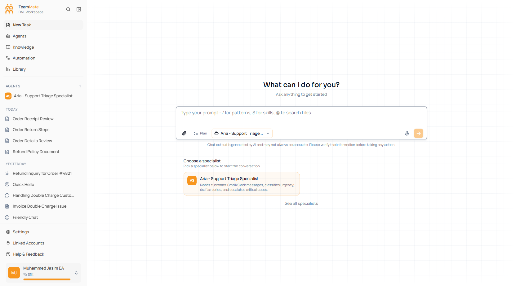 The Chat / New Task workspace in TeamMate