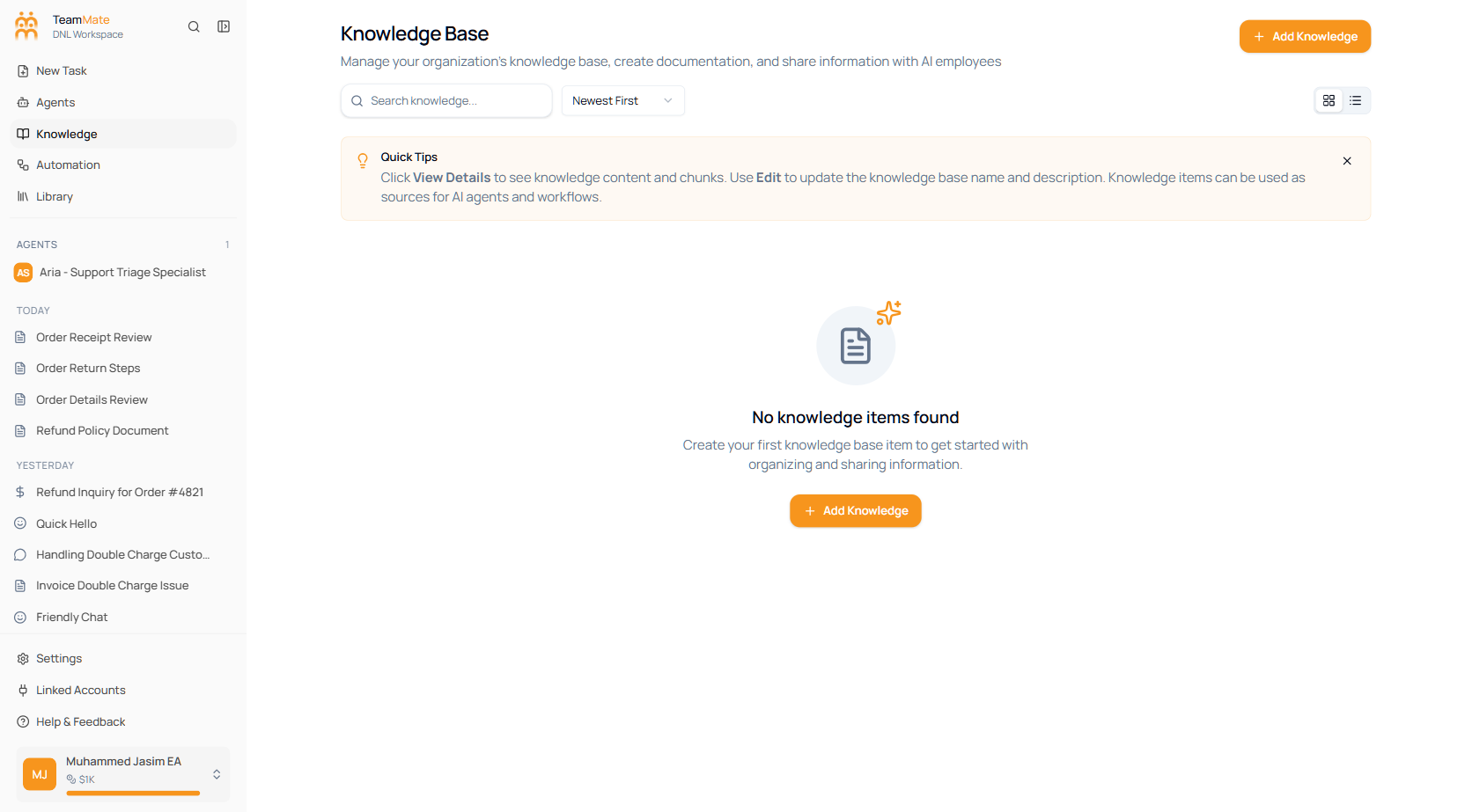The Knowledge Base screen in TeamMate