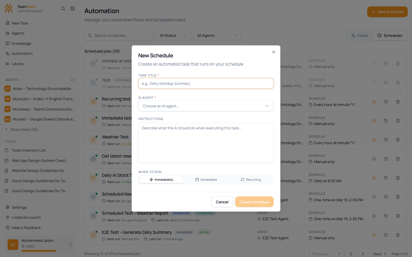 The New Schedule dialog with fields for name, agent, recurrence, and the prompt the agent will receive