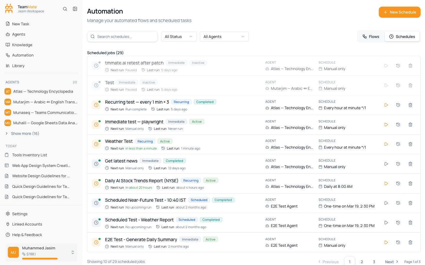 The Schedules tab inside Automation, listing existing scheduled jobs and their next-run times