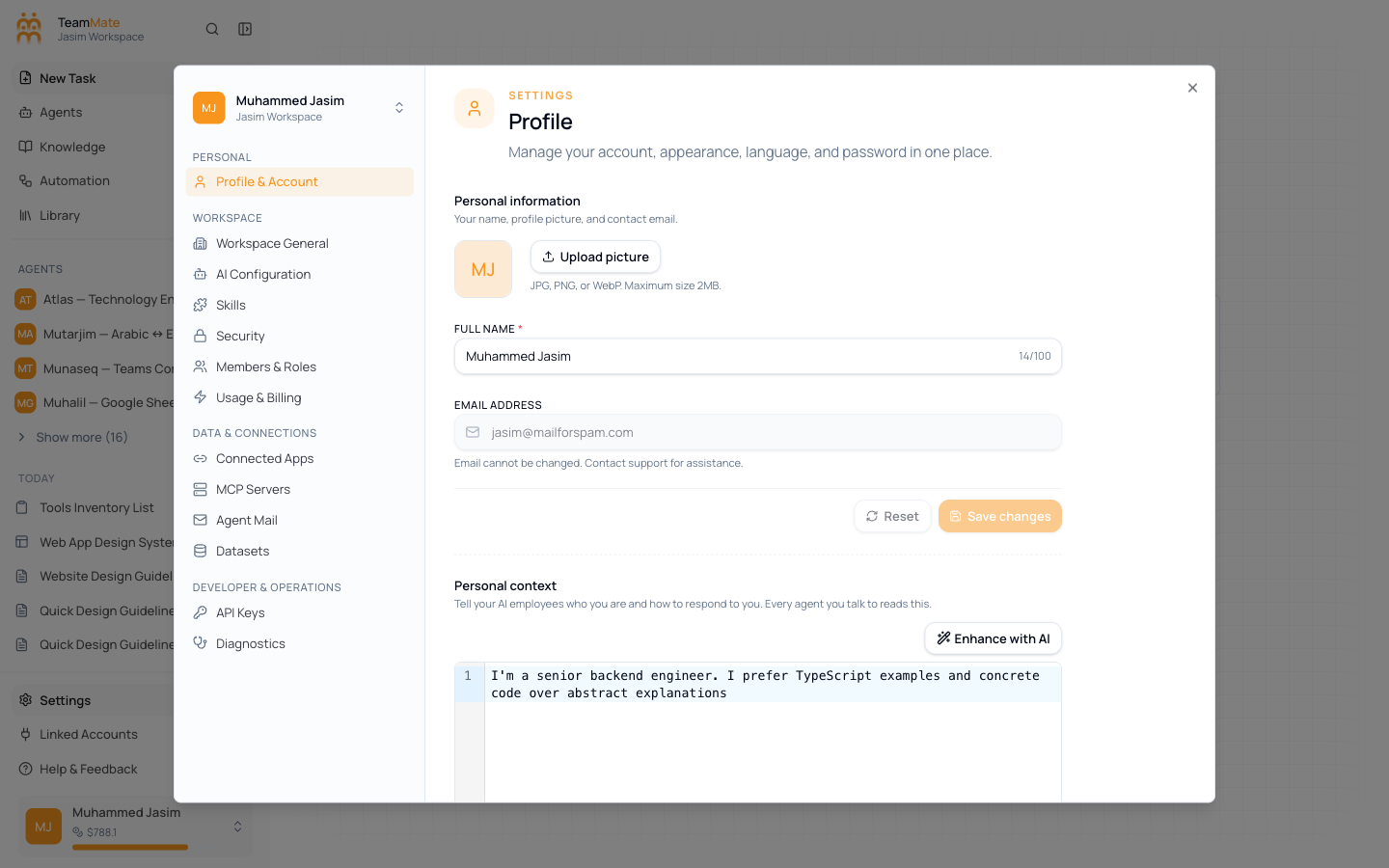 The Settings dialog open on the Profile tab with the side nav showing Personal, Workspace, Data & Connections, and Developer & Operations groups