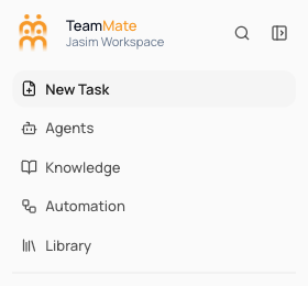 The left sidebar showing workspace name, navigation links, and the user account block at the bottom