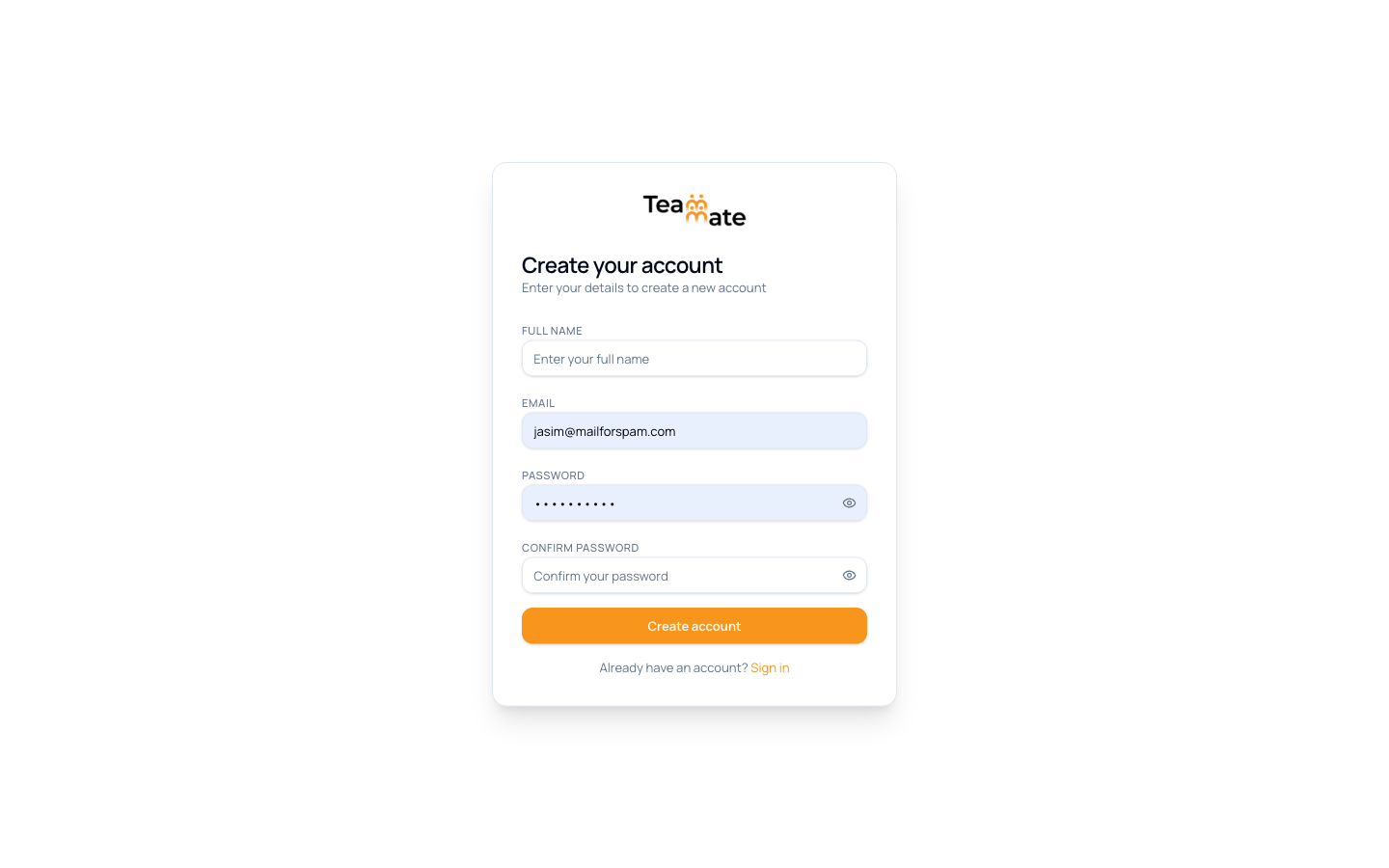 TeamMate sign-up page with name, email, and password fields