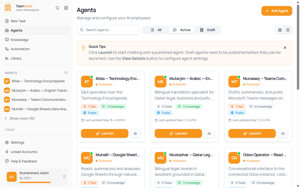 Agents page with the Active filter selected and published agents listed