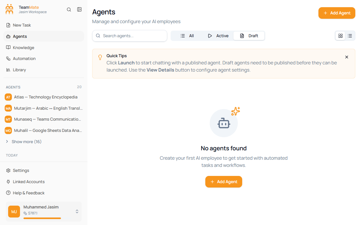 Agents page with the Draft filter selected and no draft agents found