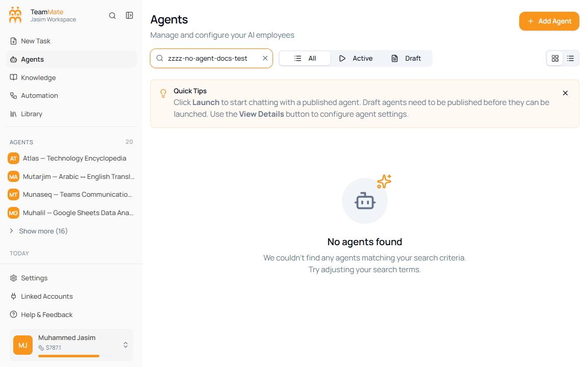 Agents page showing the empty state for a search with no matching agents