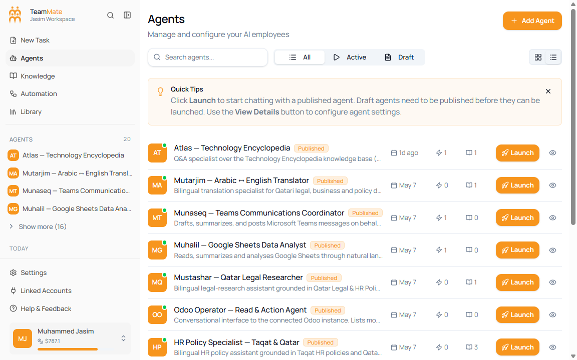 Agents page in list view with compact rows and launch buttons