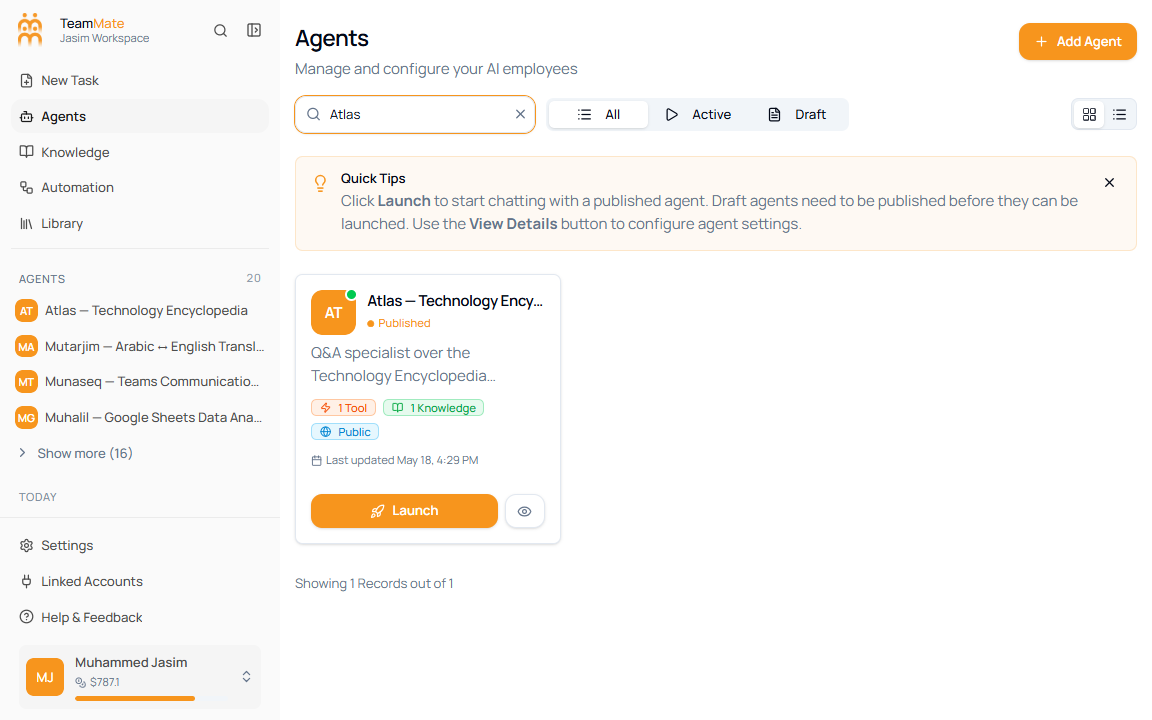 Agents page filtered to one search result for Atlas