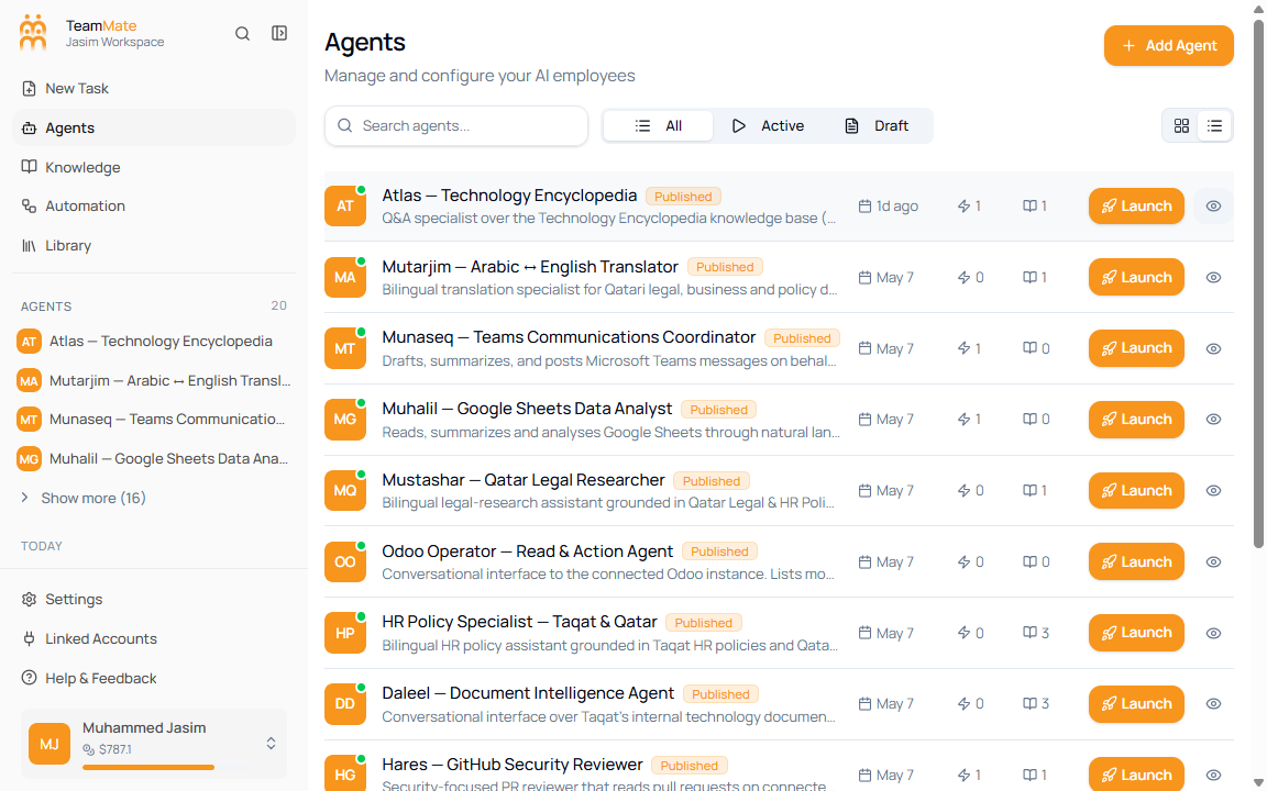 Agents page in list view after the Quick Tips banner has been dismissed