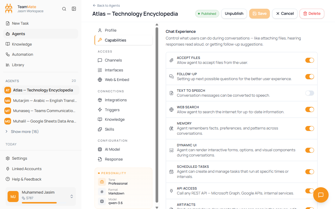Capabilities tab showing chat experience toggles, workspace controls, and guardrails