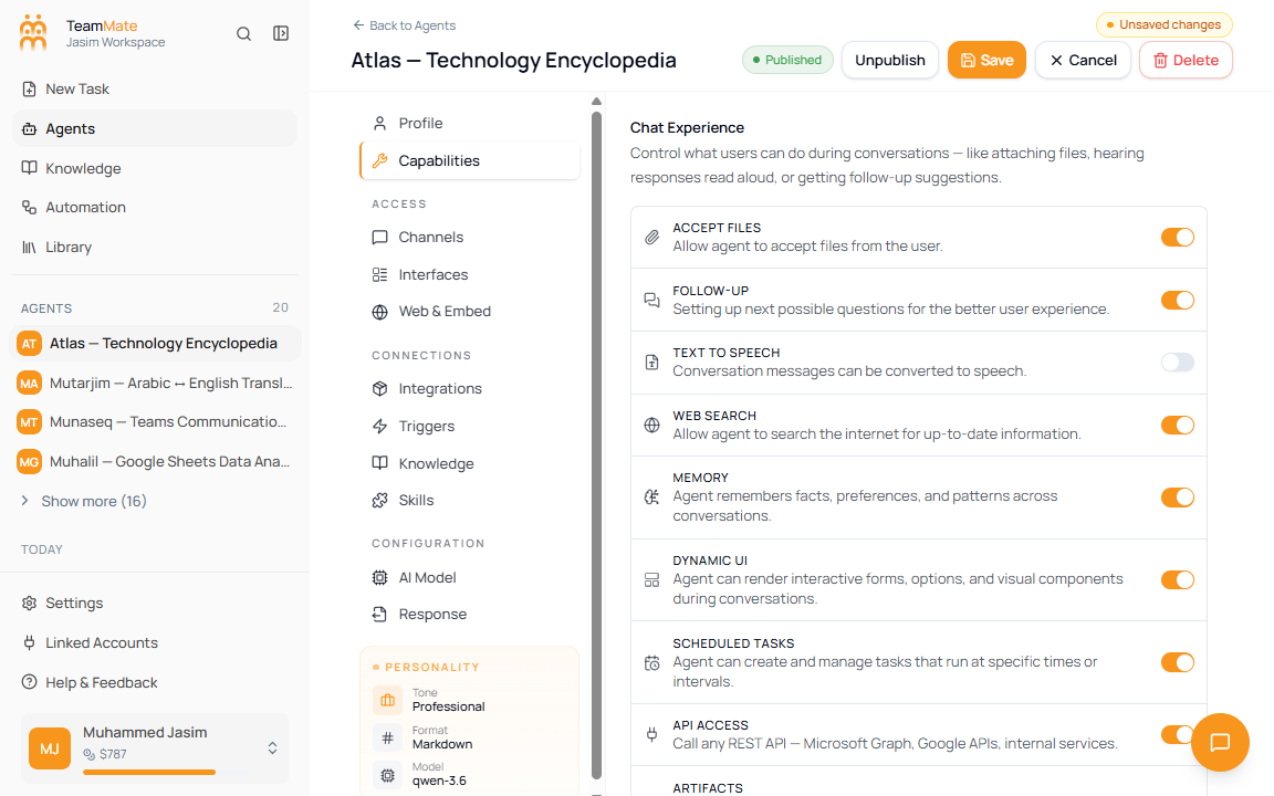 Capabilities tab with workspace execution enabled and environment options visible