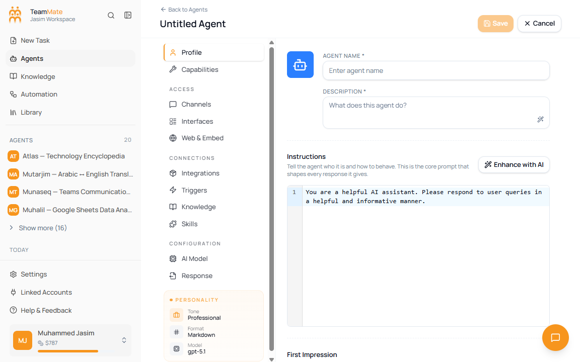 Create Agent screen showing the Profile tab and Save button before the agent has been saved