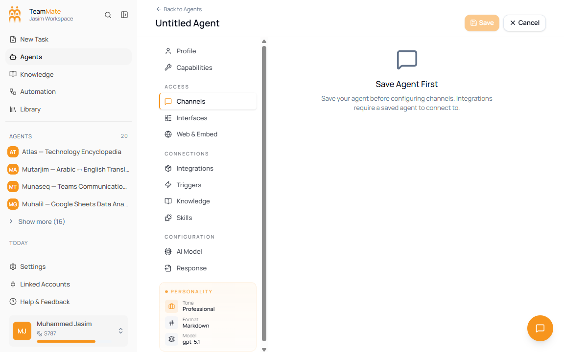 Create Agent screen showing a Save Agent First message on a saved-agent-only builder tab