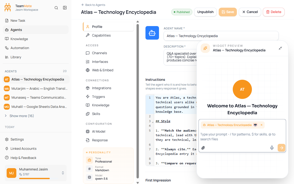 Agent builder edit screen with header actions, grouped left navigation, form editor, and floating widget preview