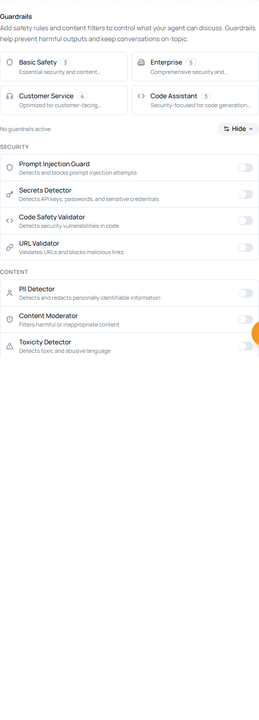 Capabilities tab Guardrails section showing presets, Customize details, and individual guardrail switches