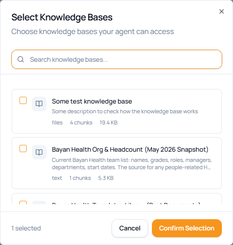 Select Knowledge Bases dialog with search, checkbox selection, chunks, and confirm selection