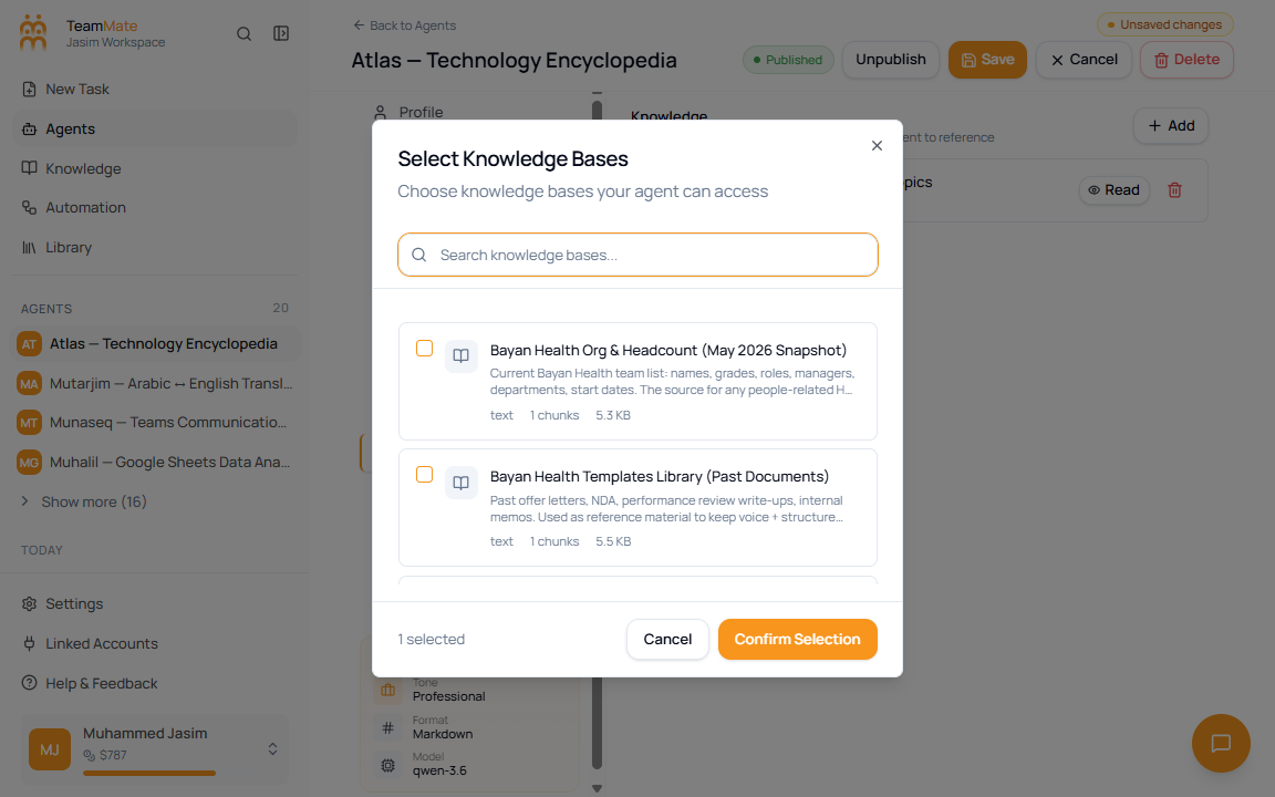 Agent builder Select Knowledge Bases dialog with search, checkbox selection, type, chunk count, size, and confirm selection