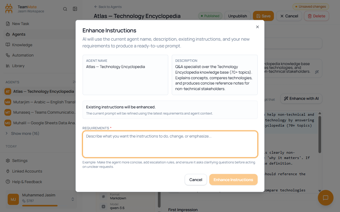 Enhance Instructions dialog with agent context and a required requirements text area