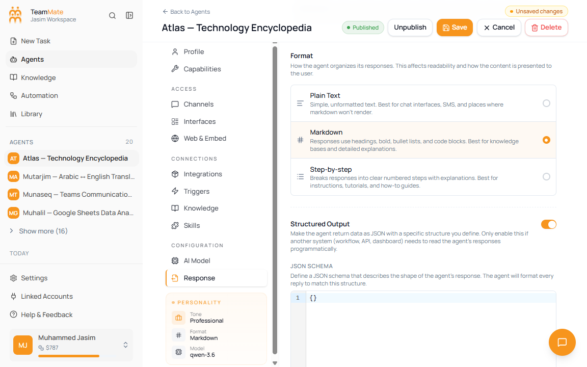 Response tab with Structured Output enabled and JSON Schema editor visible