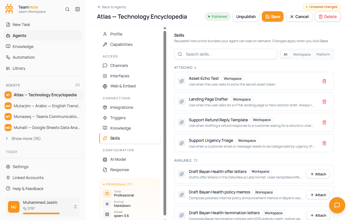Skills tab showing attached and available skills with search and scope filters