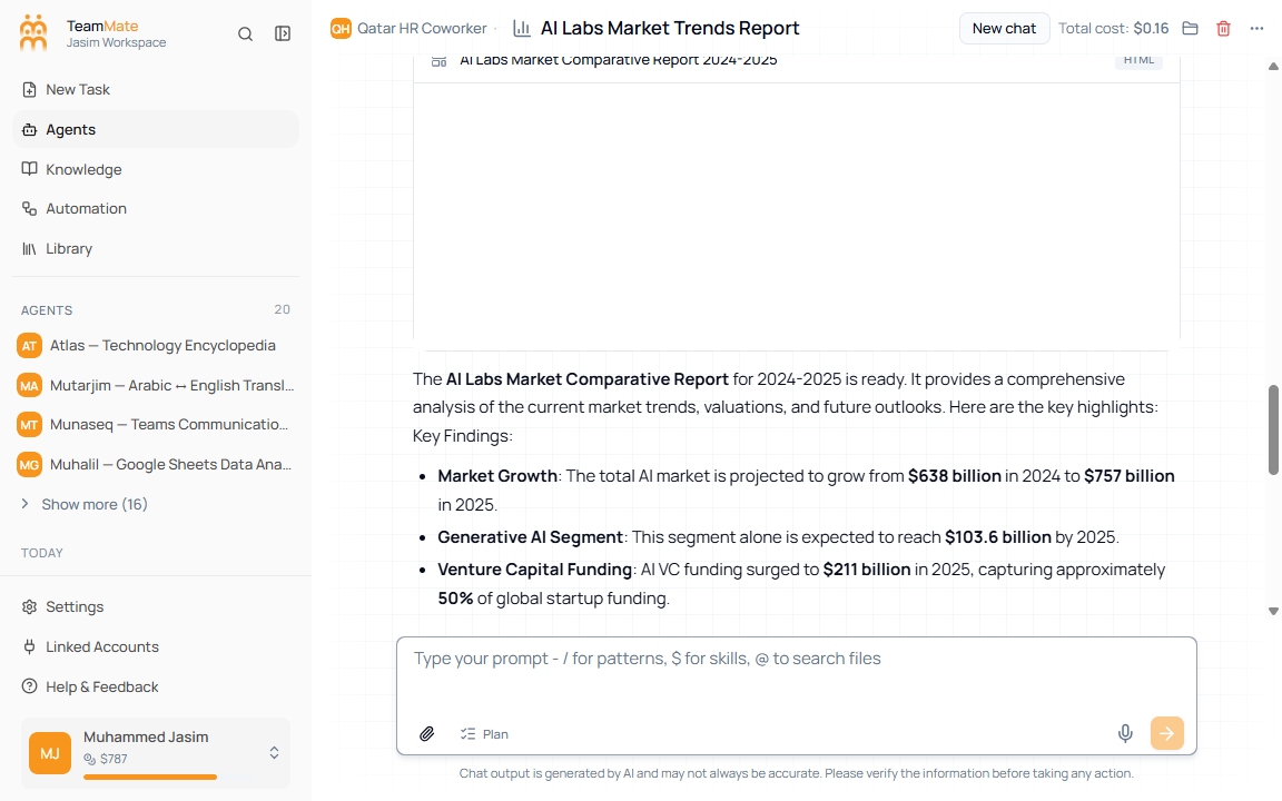 Active Chat conversation with title, transcript, composer, and sidebar history