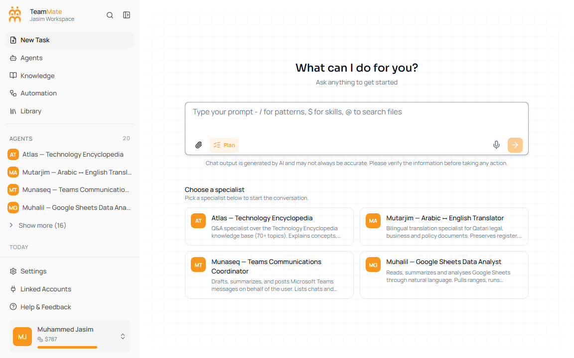 Current Chat empty state with New Task selected, grouped chat history, specialist cards, and composer controls