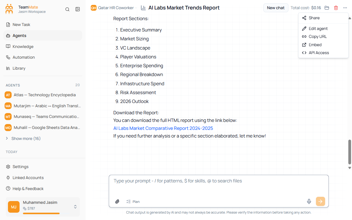 Current Chat more menu with Share and agent shortcuts