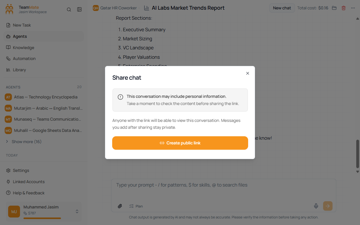Current Chat share dialog opened from the more menu