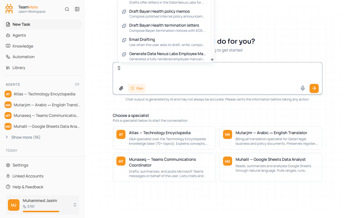 Chat composer with the dollar-triggered skill picker open