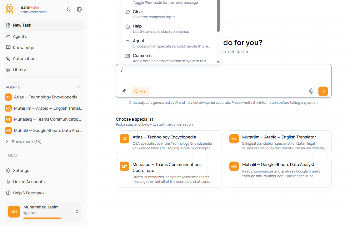 Chat composer with the slash command menu open