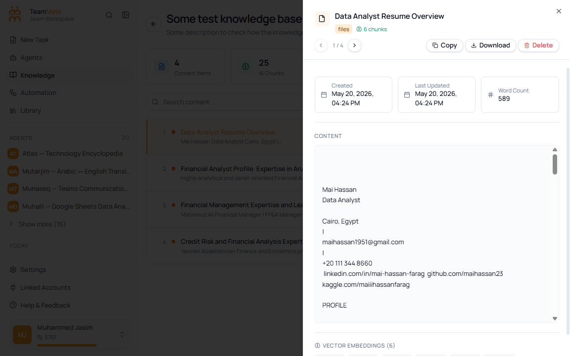Knowledge detail page with the content details sheet open on the right side