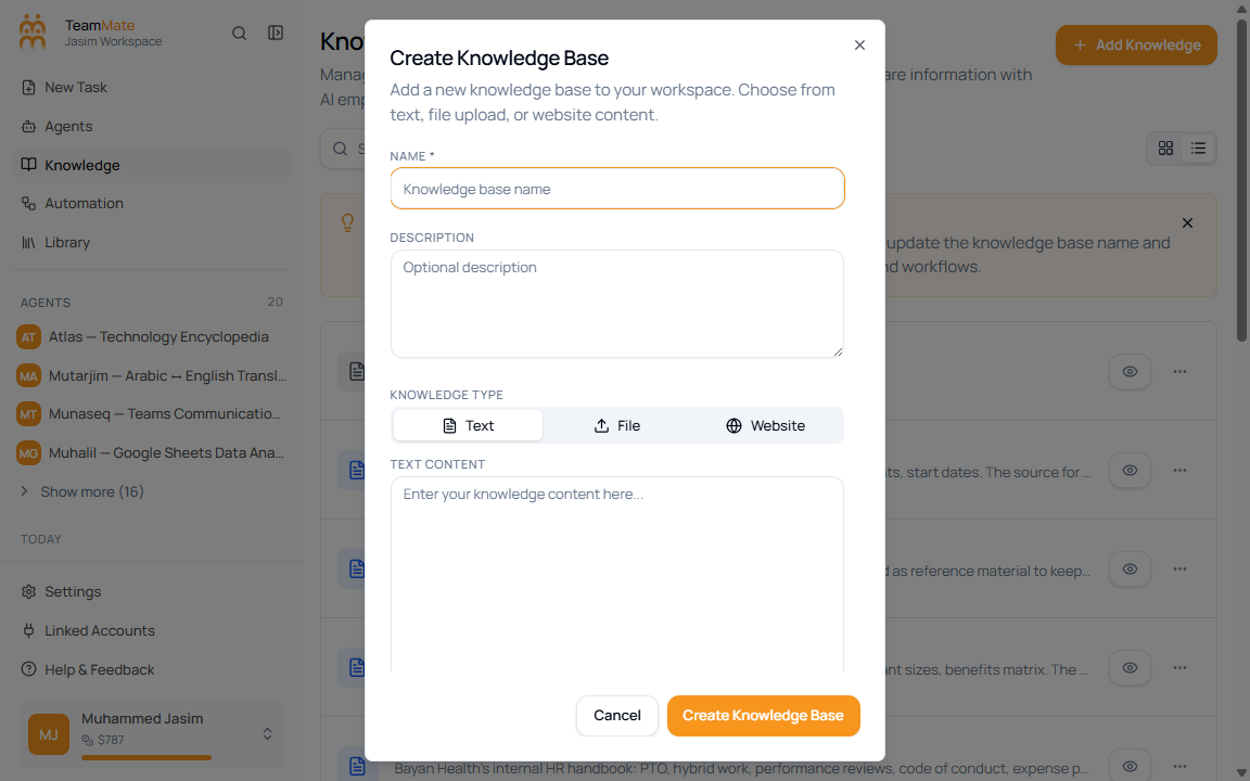 Create Knowledge Base dialog with Text selected and a text content field