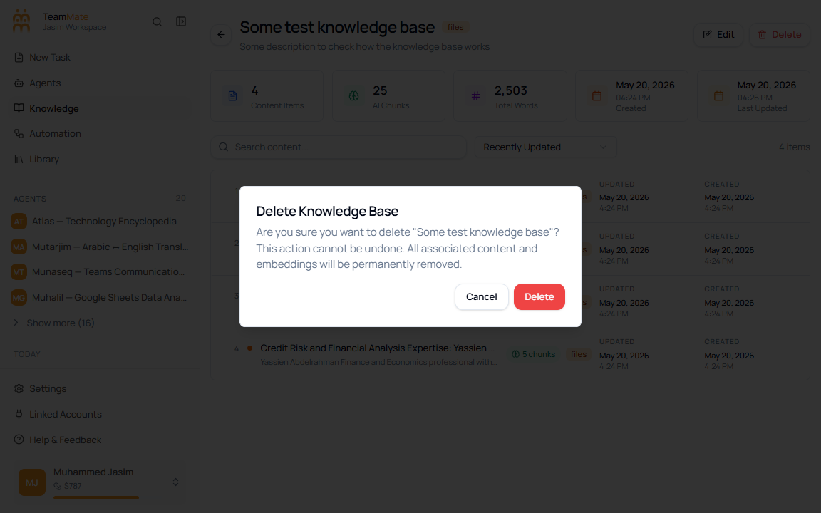 Delete Knowledge Base confirmation dialog warning that content and embeddings will be removed