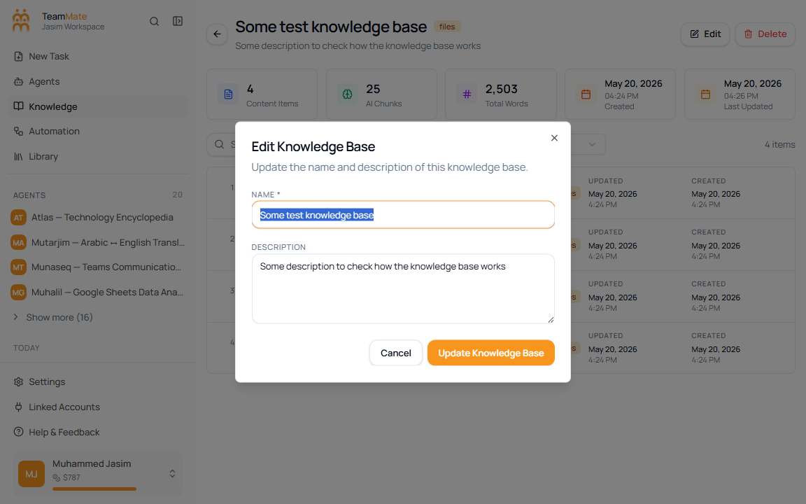 Edit Knowledge Base dialog with name, description, cancel, and update controls