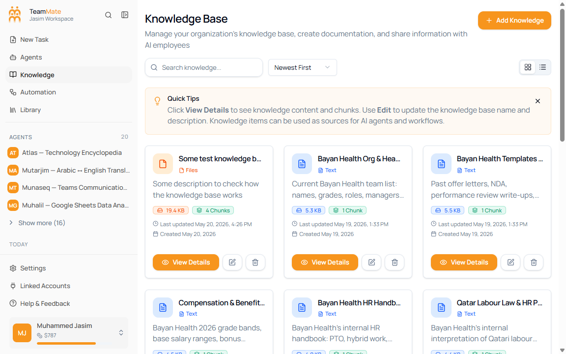 Knowledge Base page with Add Knowledge, search, sort, grid view, quick tips, and knowledge cards