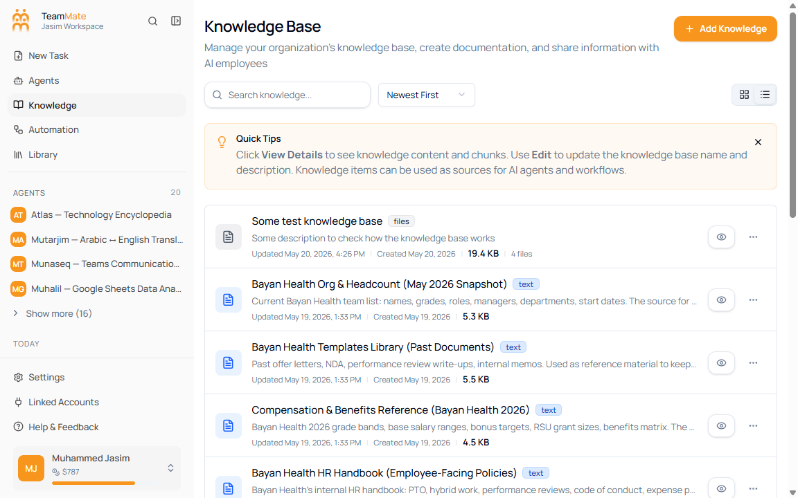 Knowledge Base list view with compact rows and action buttons