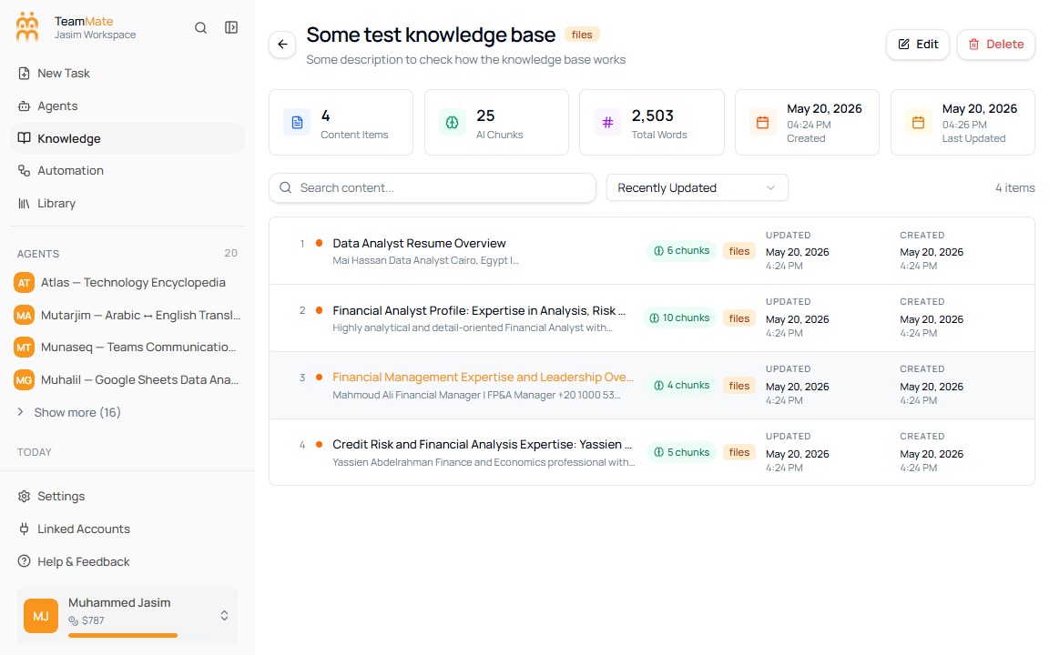 Knowledge detail page showing content search, sort, item count, and chunk badges