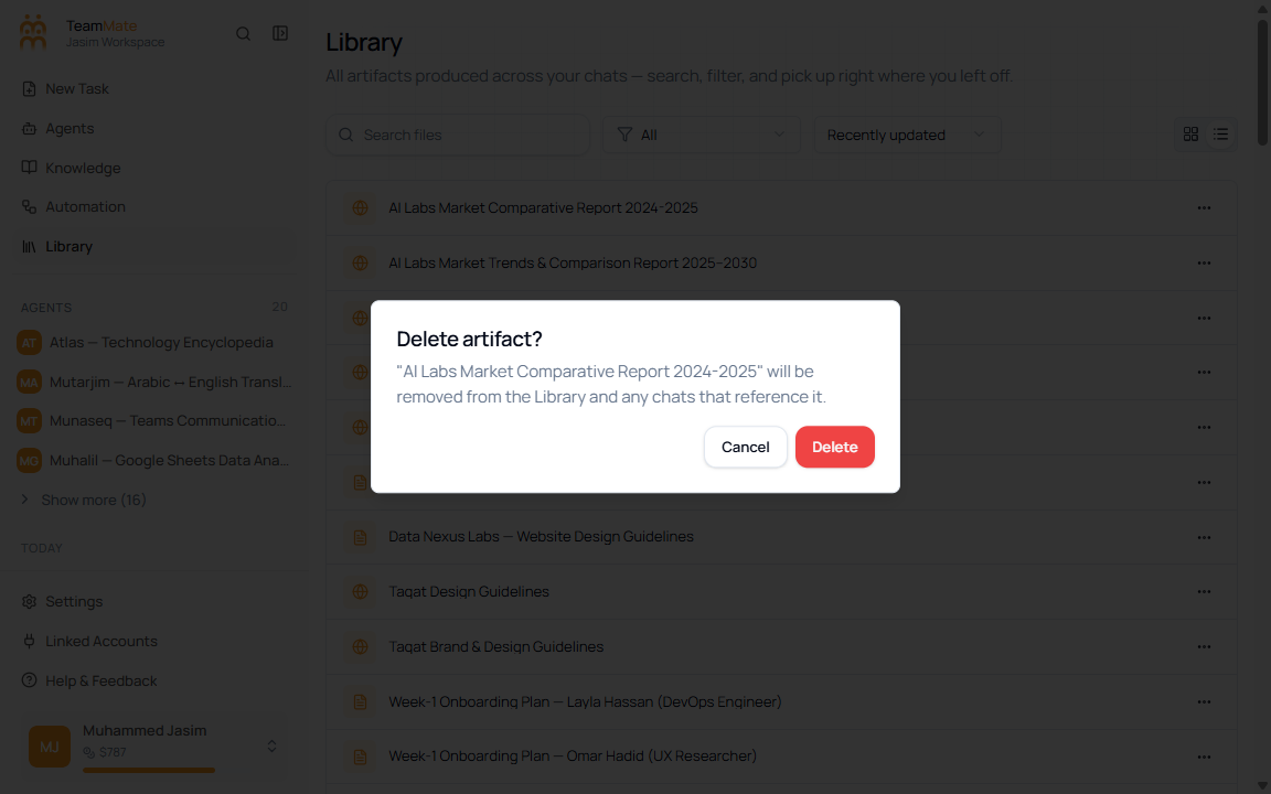 Delete artifact confirmation dialog warning that the artifact will be removed from the Library and chats that reference it