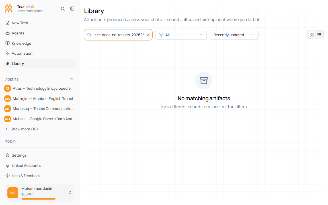 Library empty state for a search with no matching artifacts