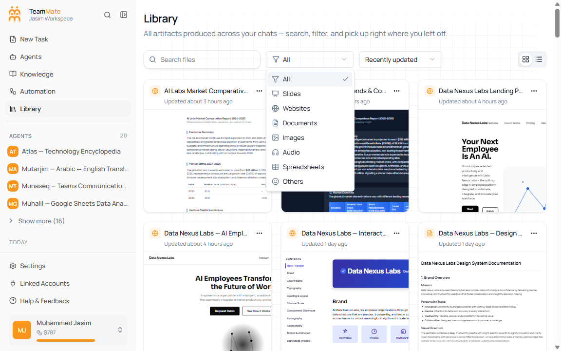 Library file type filter menu showing All, Slides, Websites, Documents, Images, Audio, Spreadsheets, and Others