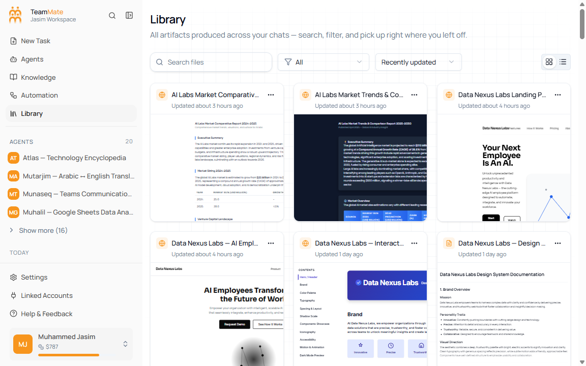 Library page showing Search files, file type filter, sort menu, grid and list view toggle, and artifact cards