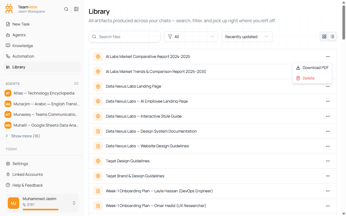 Library artifact actions menu showing Download PDF and Delete